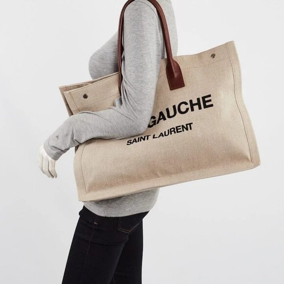 Yves Saint Laurent Natural Linen And Leather Rive Gauche Tote Bag - Picture 1 of 9